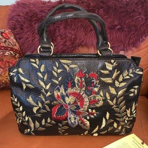 Patricia Nash Black Leather Embroidered Satchel